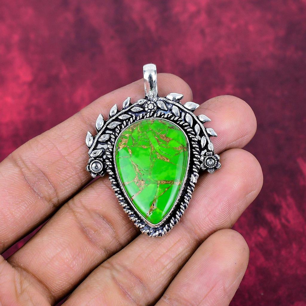 Green Copper Turquoise Pendant, 925 Solid Sterling Silver Jewelry, Gemstone Pendant, Gift For Her Handmade Dainty Jewelry