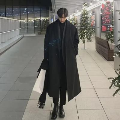 Men's Mid-Length Korean Style Woolen Trench Coat – Thick Autumn/Winter Over-Knee Design
