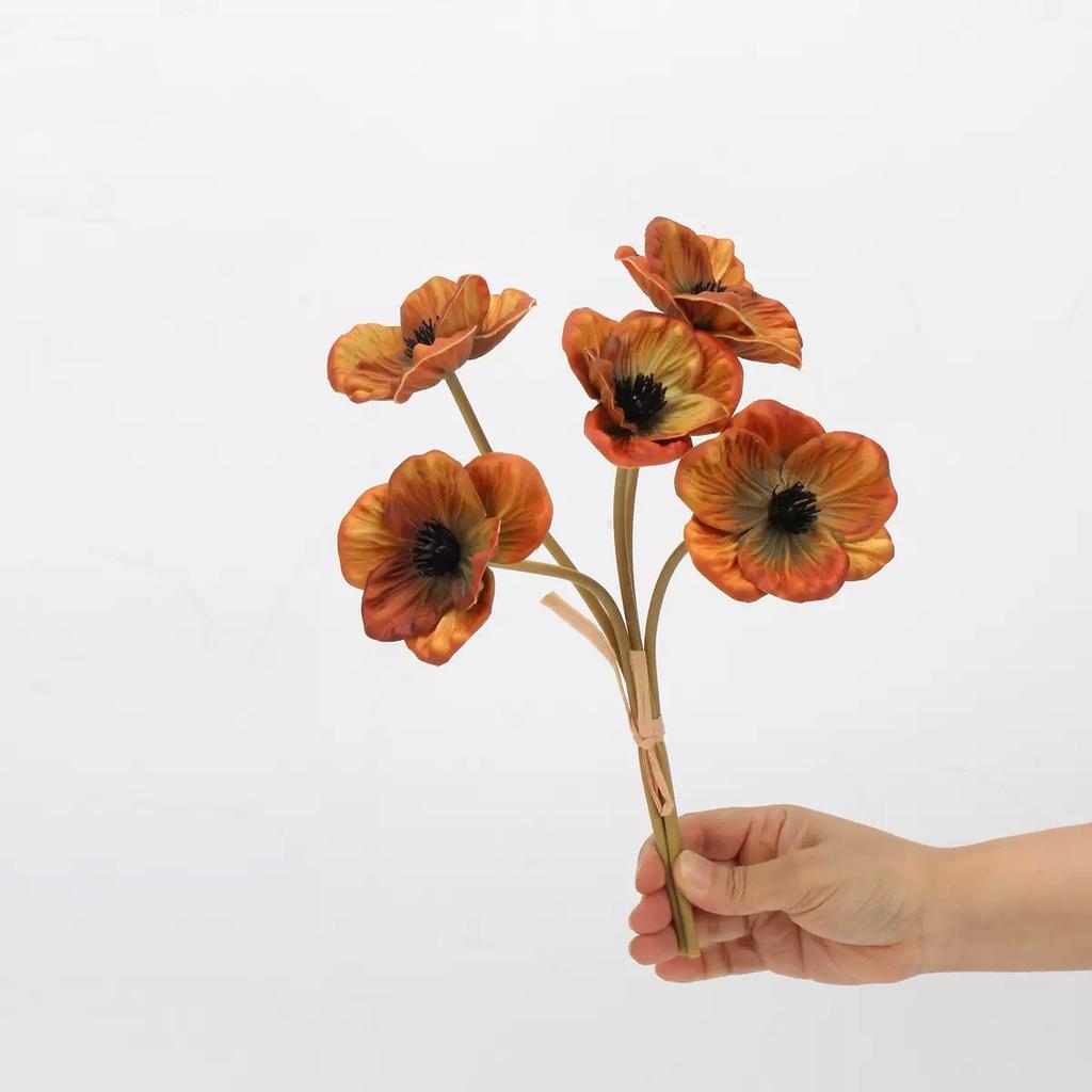 Autumn Artificial Poppy Flower Bouquet 5 Stems Short Stem Fall Decor Flowers Orange-Red/Green Fake Flowers Autumn Home