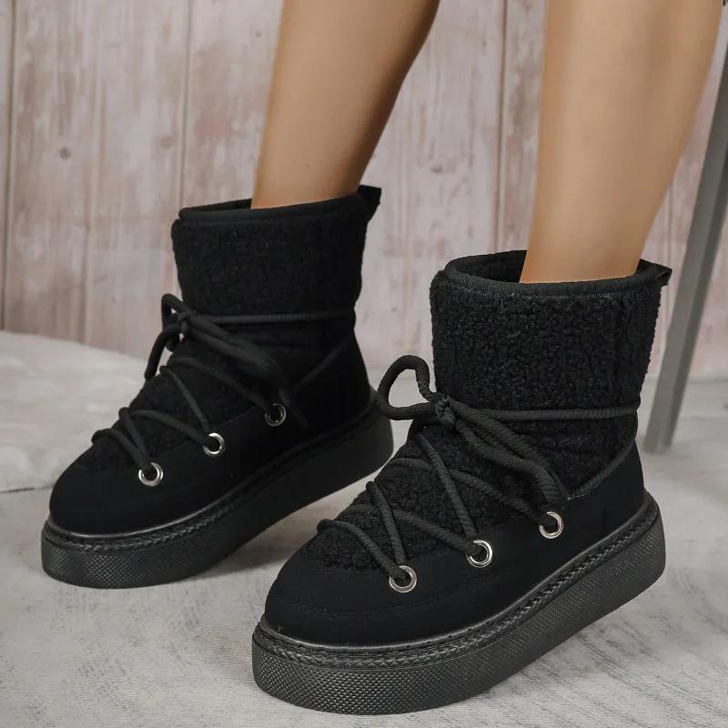 Fashion Fashion Lace Up Design Platform Womens Snow Boots Winter Faux Fur Flats Wool Warm Cotton Shoe Anti-slip Short Boot Botas