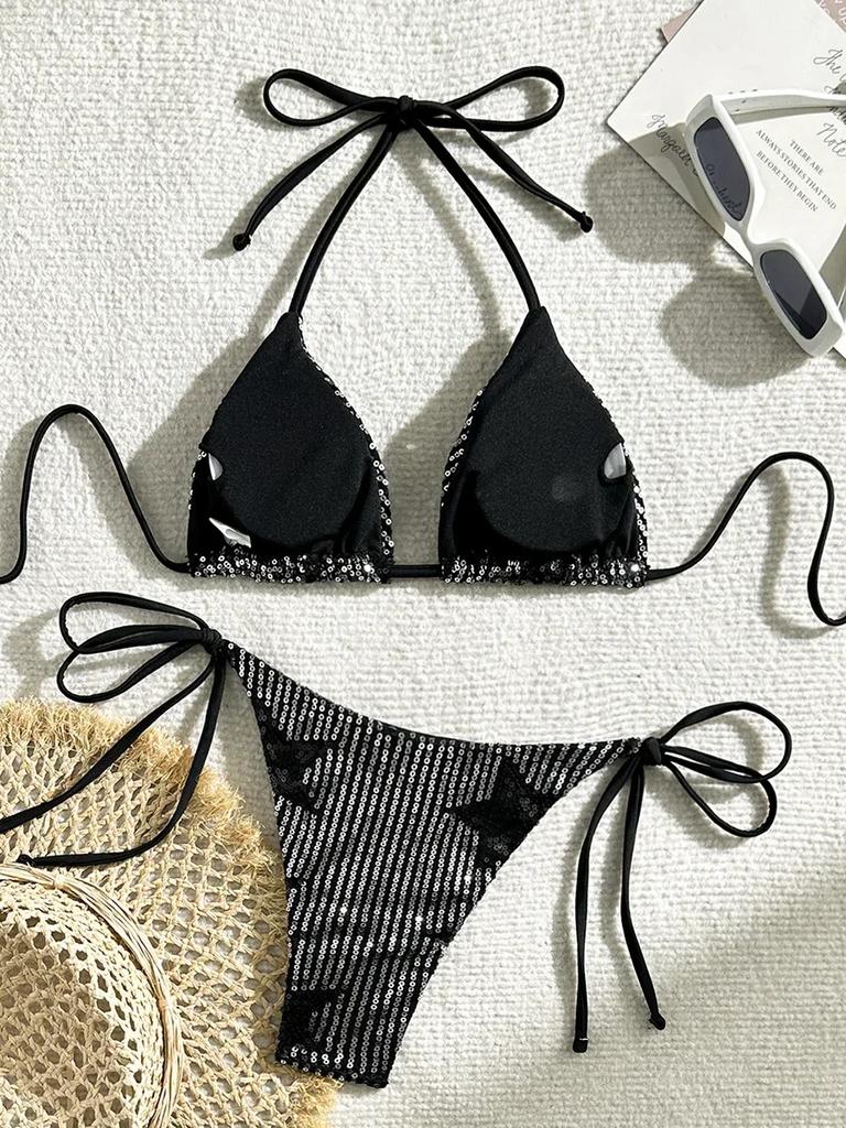 Halter Shiny Star Sequins Bikini 2025 Women Swimsuit Female Swimwear Two Pieces Bikini Set Brazilian Bathing Suit Swim Beachwear