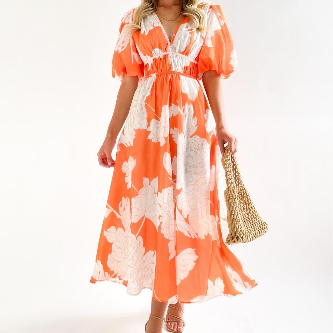 

Женское платье с цветочным принтом, V-образным вырезом и короткими рукавами, с эластичной талией, повседневное летнее платье S