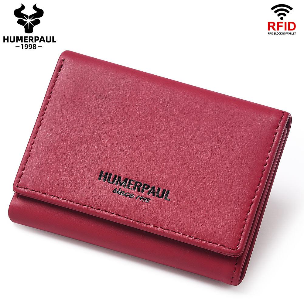 

HUMERPAUL Ladies first layer cowhide three-folding wallet RFID anti-theft brush portable wallet multi-card slot large-capacity multi-compartment красный