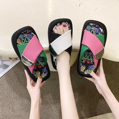 Summer Women's Platform Sandal Slippers 2025 New Colorful Graffiti Cross Strap Slides Soft Bottom Outside Wear Roman Slippers