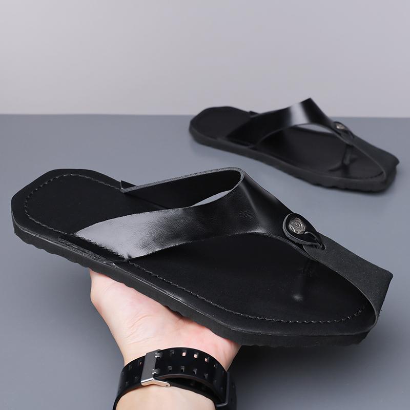Herren Schwarz Leder Pantoffeln Einfache Flache Sommer Weiße Flip-Flops Outdoor Sandalen Braun Offene Zehen Strand Schuhe Übergröße
