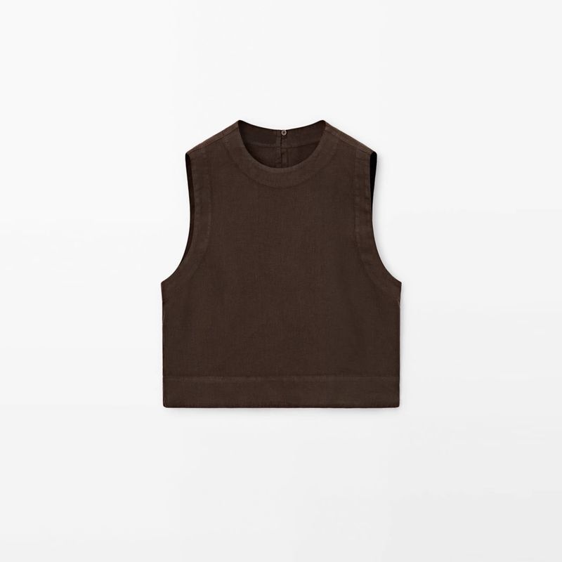 

Spanish Summer New Arrival Maillard Color Minimalist Style Casual Brown Linen Cotton Sleeveless Shirt Short Tops Brown M