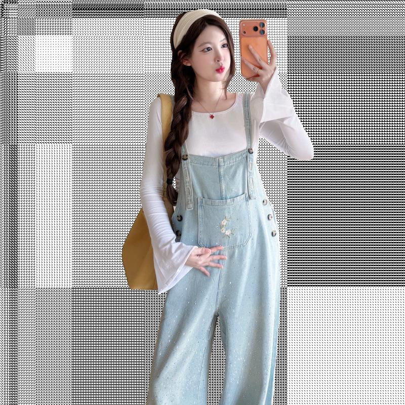 2026 Chic Rhinestone Wide-Leg Maternity Denim Overalls & Flare Sleeve Set