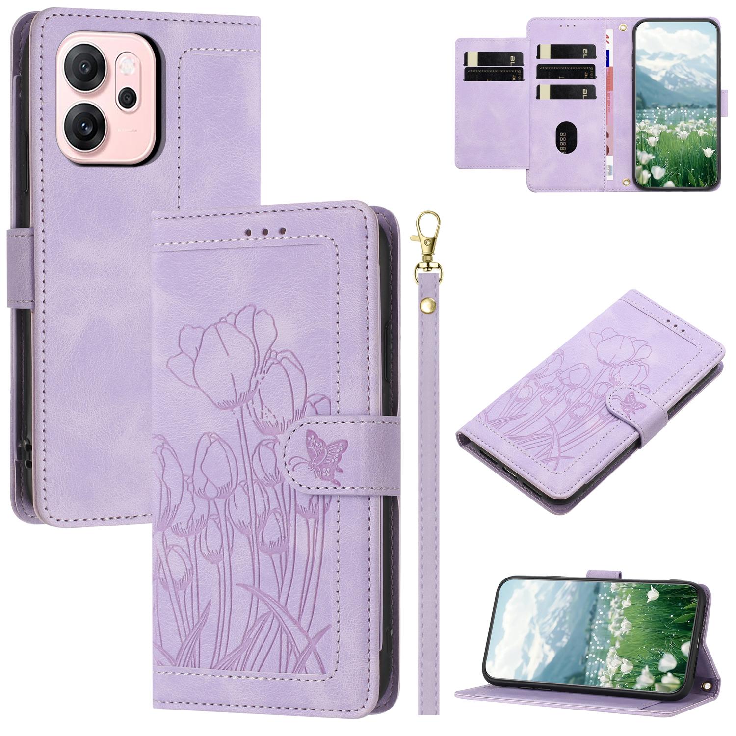 

For Oppo Reno14 5G (Global) Case Tulip Leather Phone Cover with 5 Card Slots Wallet Purple