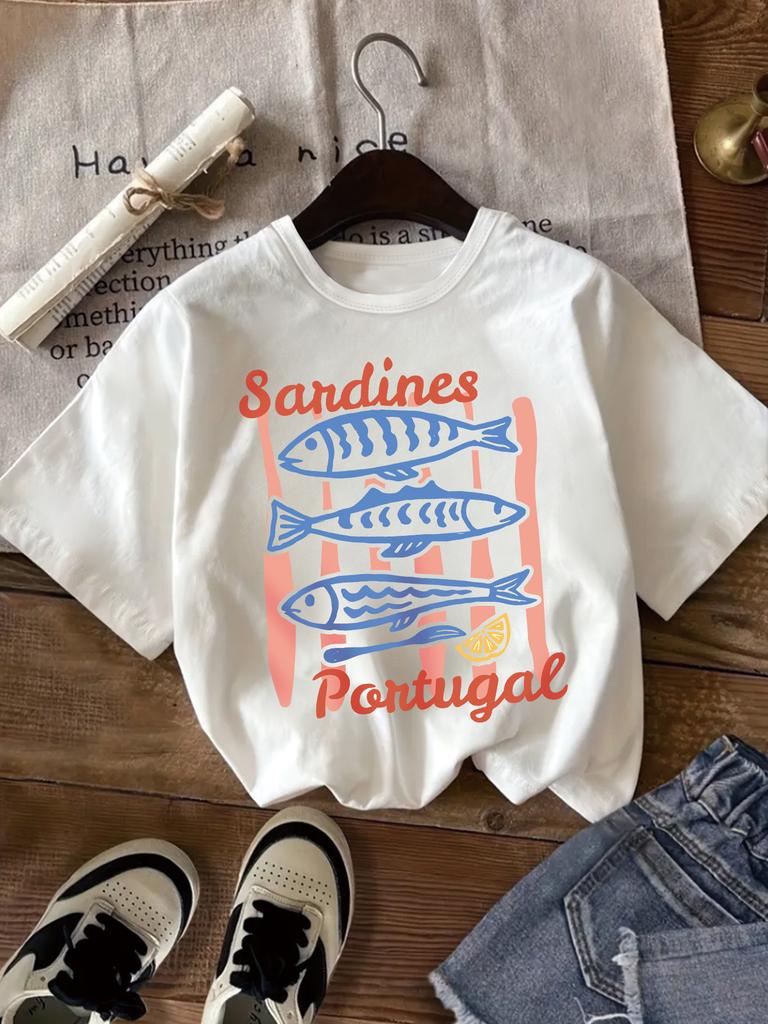 A Short-Sleeved T-Shirt Featuring Prints of 'Portuguese Sardines', Lemon, And Sardines. This Casual And Comfy Top Is Perfect for Spring And Summer, Ma