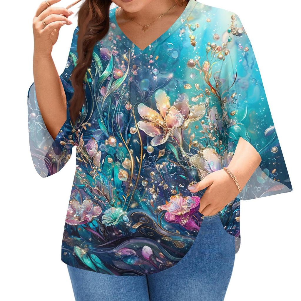 Women's Printing V-neck Plus Size Tops 3/4 Sleeves Elegant Shirt Tops