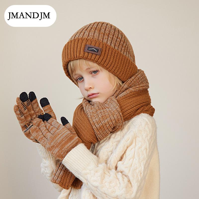 Children's Hat Scarf Gloves Three-piece Winter Boys Outdoor Warm Fleece Knitted Wool Hat
