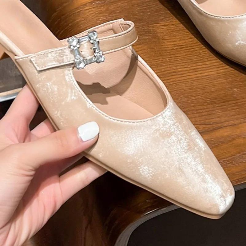 Fashion Square Toe Slip on Comfortable Mules Shoes for Women Diamond Buckle Outdoor Fashion Elegant Shiny Fabric Casual Ladies Flats