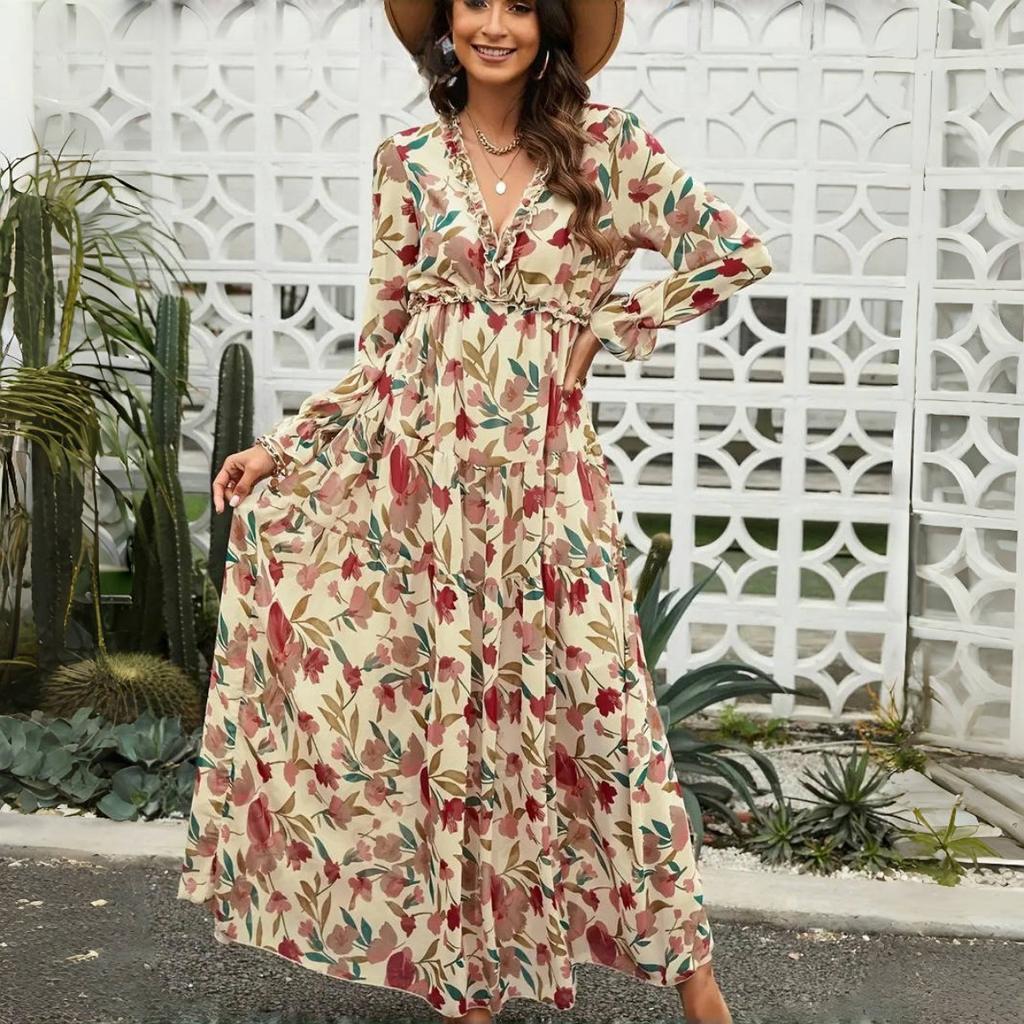 Elegant Loose Printing Long Dresses Spring Women V Neck Pullover Long Sleeves Dress High Waist Casual Ankle Length Dress