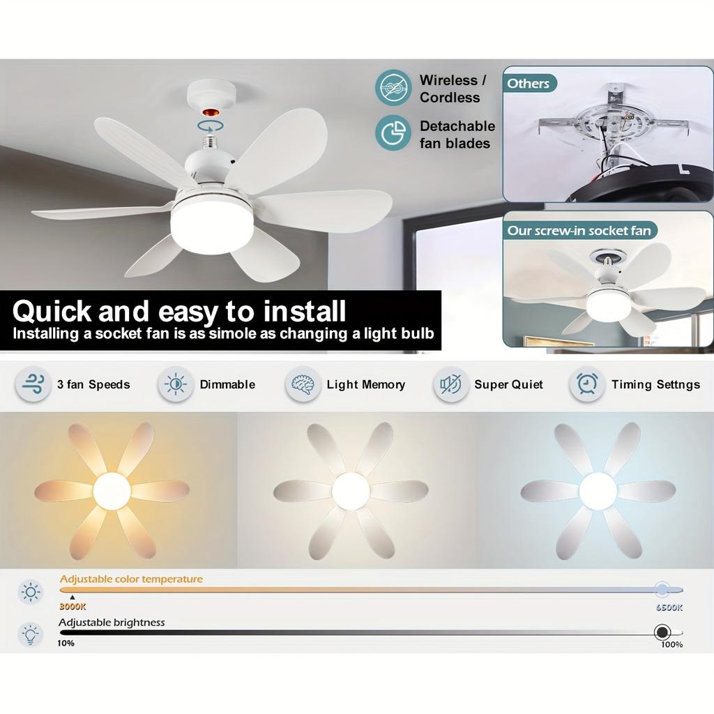 Multifunctional E26/E27 Smart Socket Ceiling Fan, Dimmable LED Lights ,Noiseless Ceiling Fans for Bedroom, Kitchen, Living Room