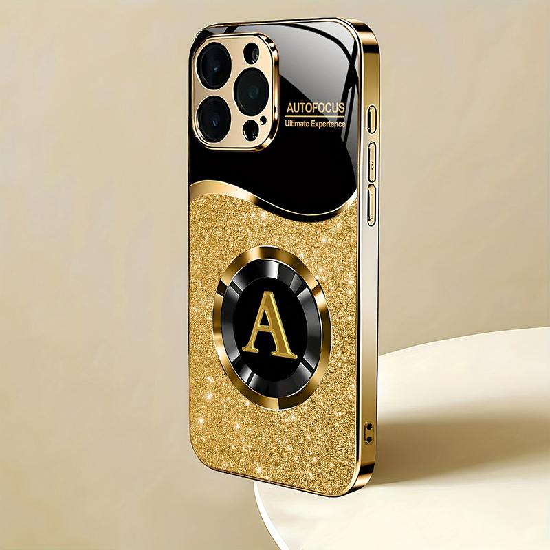 Shining Letter A Pattern Gold Metallic Paint Glass Phone Case For iPhone 11 12 13 14 15 16 17 Pro Max Plus 17 Air 16E Cover