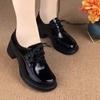 Women's shoes mid-heel  black soft leather deep mouth casual patent leather thick heel lace-up loafers