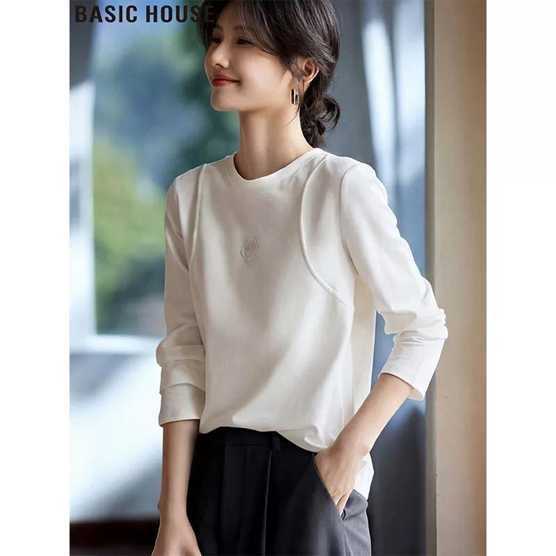 Basic House Women s Embossed Round Neck Long Sleeve Top XL
