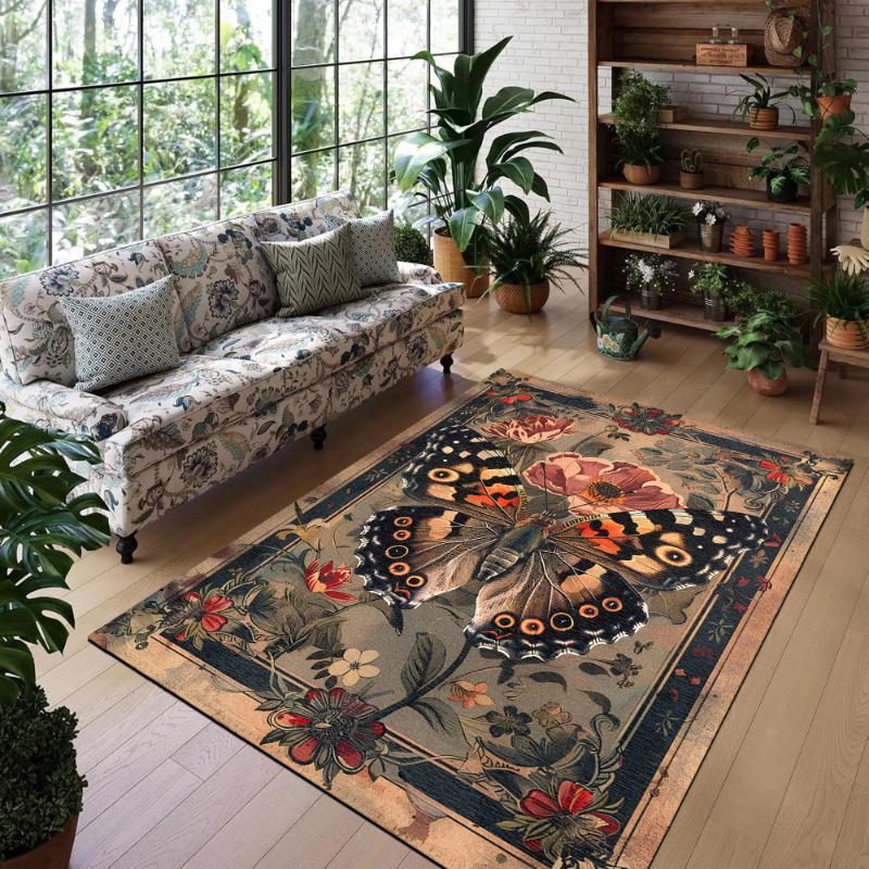 Butterfly Flower Stain-resistant Wear-resistant Door Mat and Living Room Sofa Carpet, Easy to Clean, Large Size.