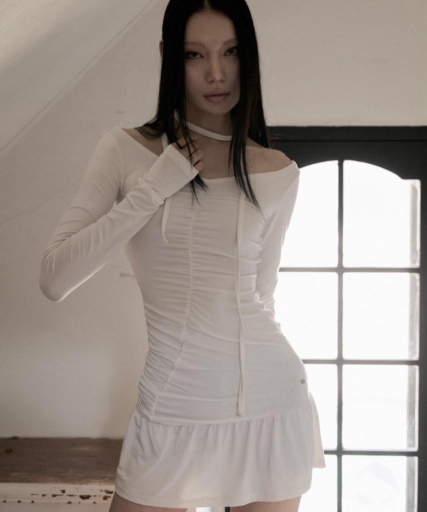 511Bijeon Aerial Tie Shirring Dress , Ivory