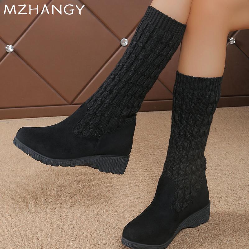 Fashion Women Wedges High Boots Mid Heels Over The Knee Knitting Shoes Woman 2025 Trend Winter Fashion Classic Sock Boots Mujer Botas
