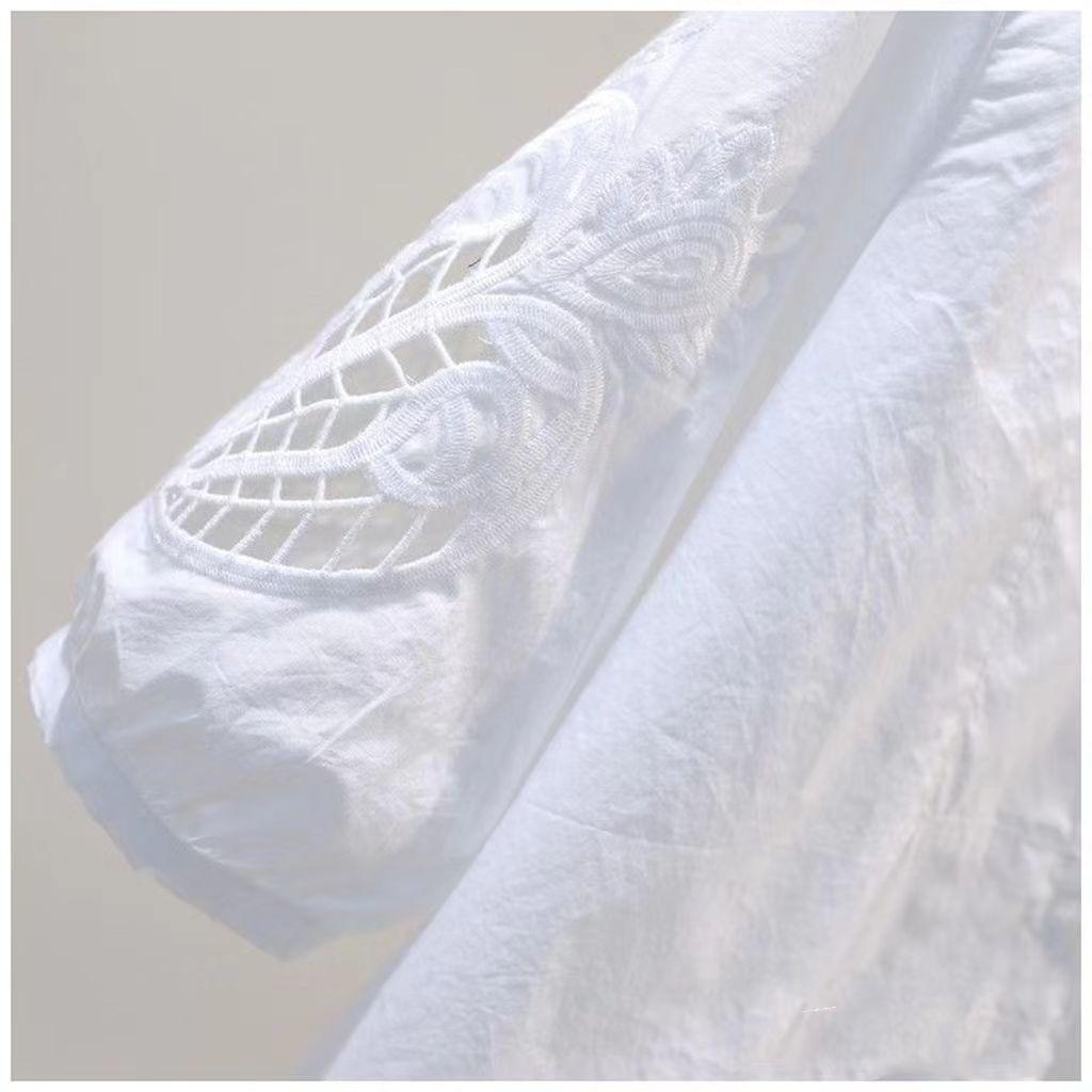 Cămașă mov din bumbac cu broderie goală Cămașă lejeră cu gât rotund pentru femei, cu design de vară