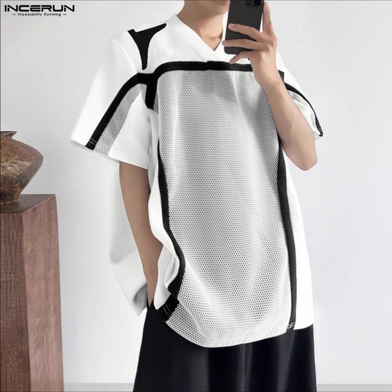 INCERUN Men T-Shirts V Collar Short Sleeve Netyarn Patchwork Casual Tops