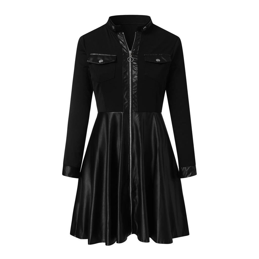 Women Fashion Mesh Lace Patchwork Zipper Design Leather Dress Ladies Dress