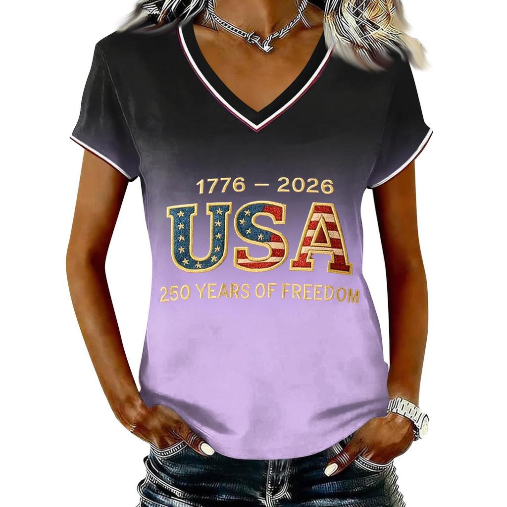 Women Casual V Neck Short Sleeve Pullover T Shirt Gradient Print USA Independence Day Graphic Top