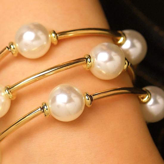 3Pcs Women Bracelet Adjustable Opening Design Imitation Pearl Stacking Bracelet Anti-Fading Alloy Versatile Jewelry
