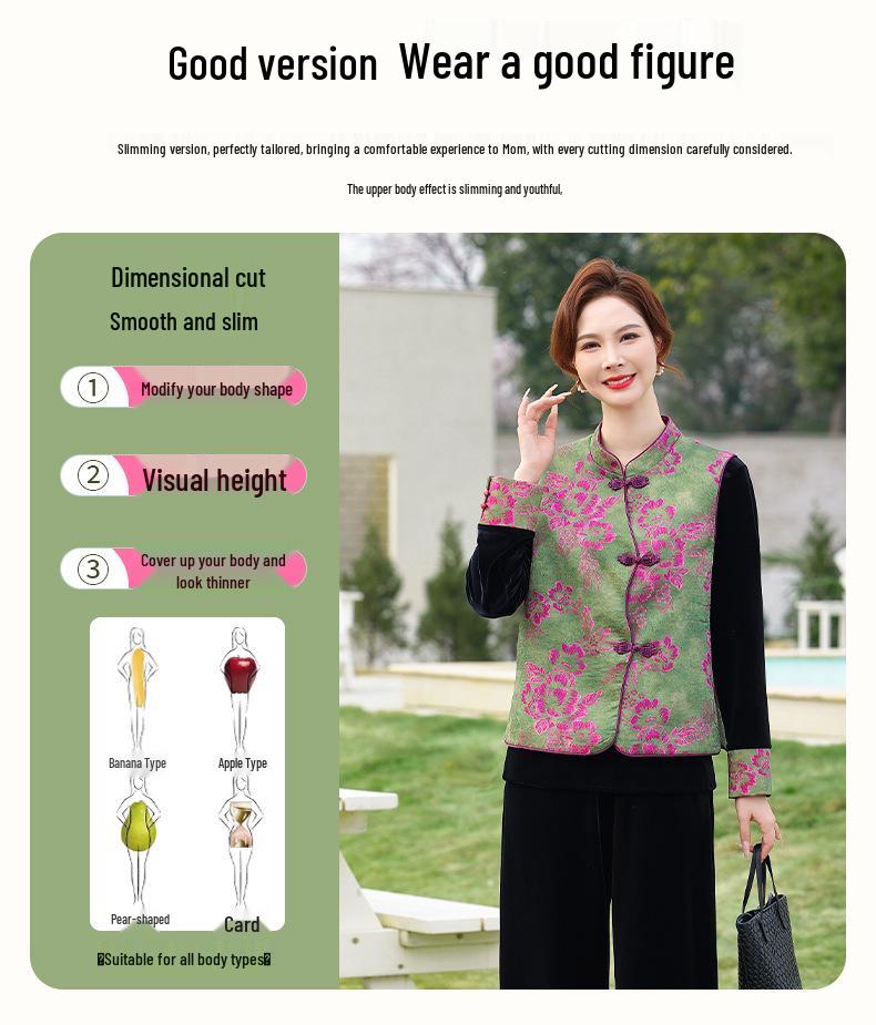 2026 Trendy Gold Velvet Vest & Suit Set for Middle-aged and Elderly Women