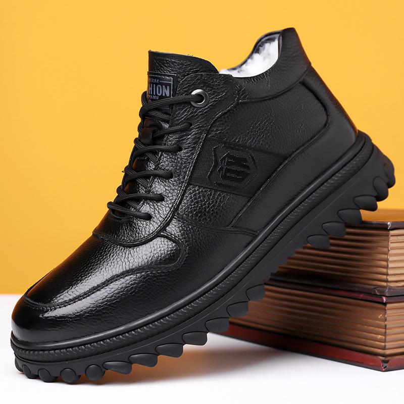Men'S First-Layer Cowhide Cotton Shoes Winter Thickened Velvet Business Casual Shoes Fashion Thick-Soled Adult Warm Cotton Shoes