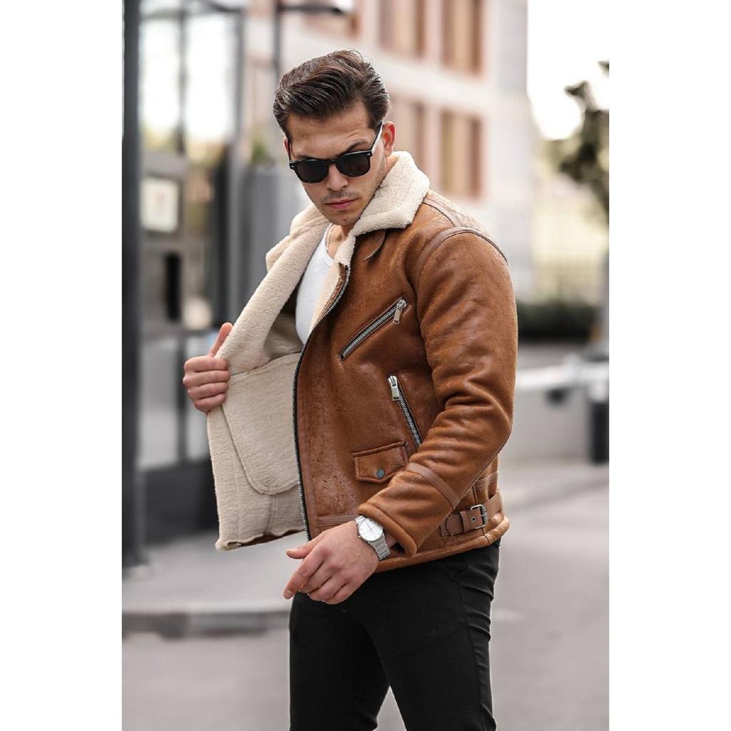 Men's Tan Color Napa Leather Cross Model Coat