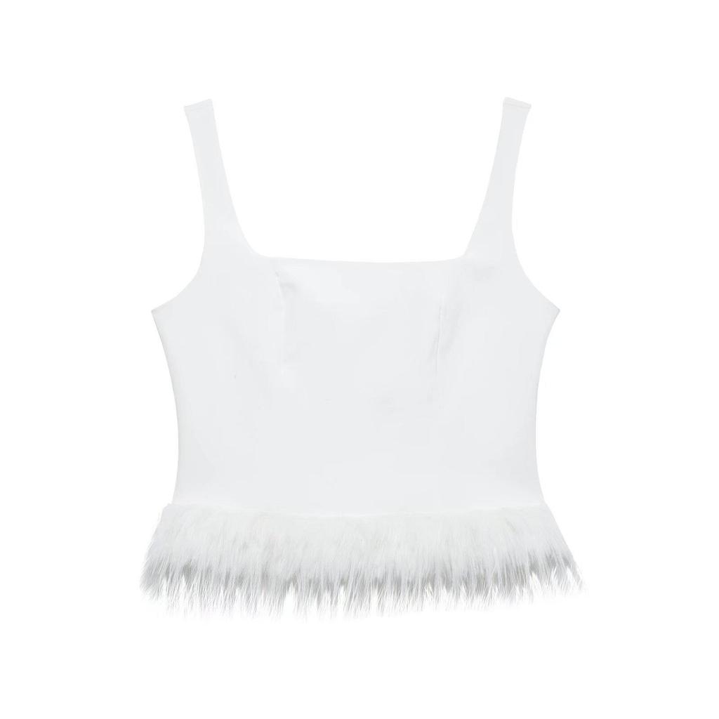Spring 2025 Women's Versatile Solid Color Feather Elastic Camisole Top