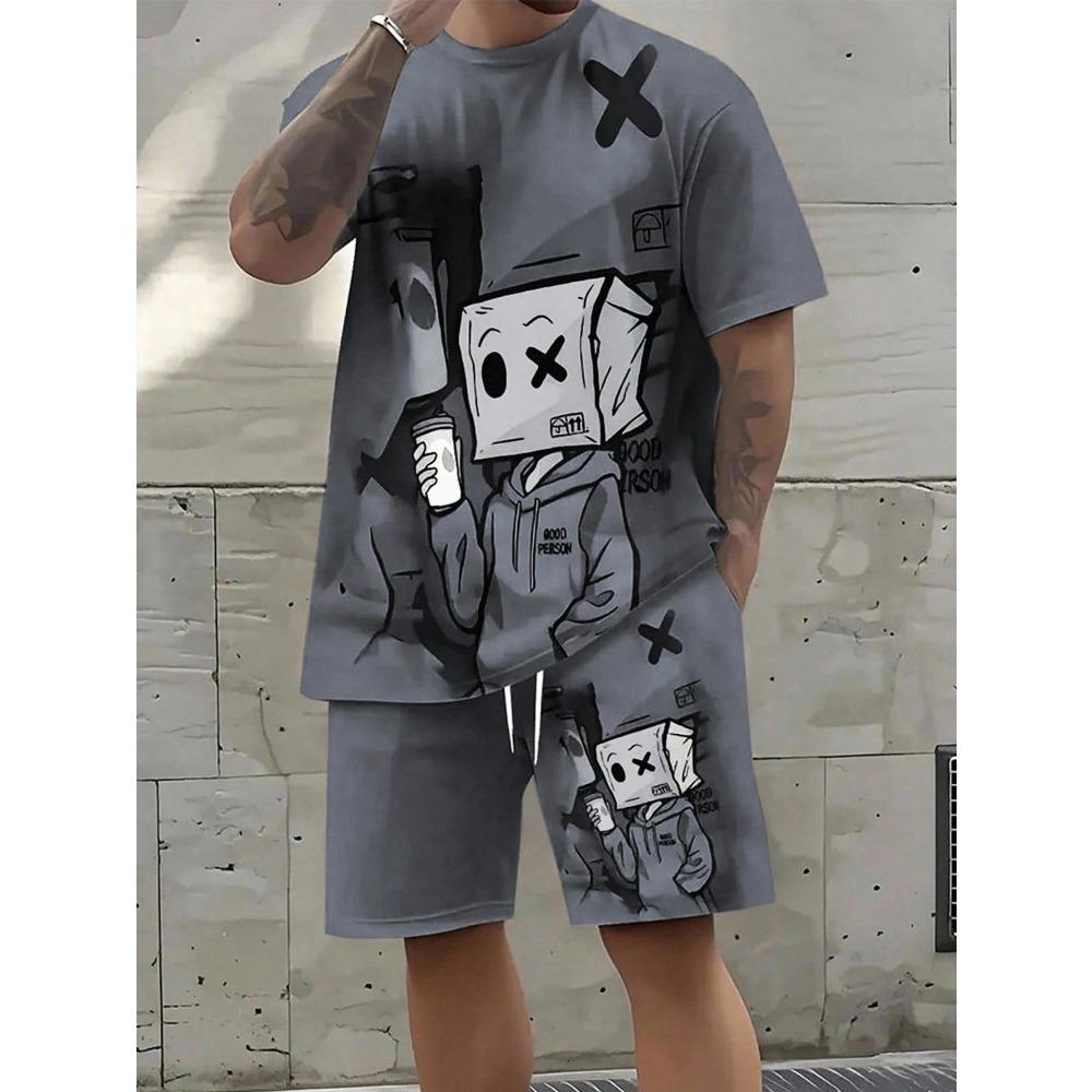 Summer Men's Fashion Casual Sports Set Loose-Fit Trendy Doll Graffiti Print Crew Neck Short Sleeve Two-Piece Set with Shorts