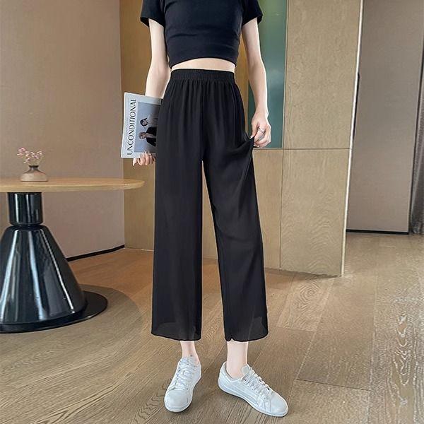 Ice Silk Chiffon Cropped Wide Leg Pants for Women's Summer Thin Loose Casual Sports Pants