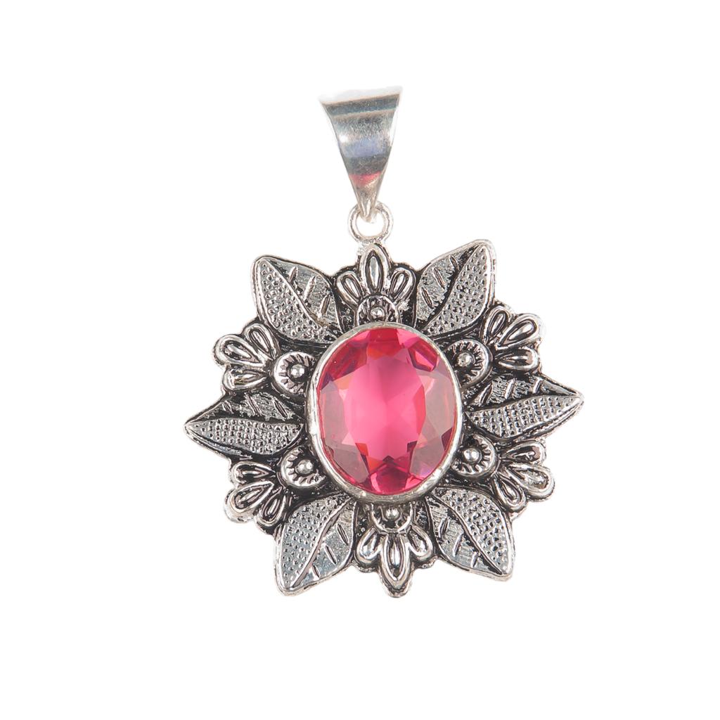925 Sterling Silver Pink Tourmaline Gemstone Jewelry Handmade Flower Pendant CP-14-12
