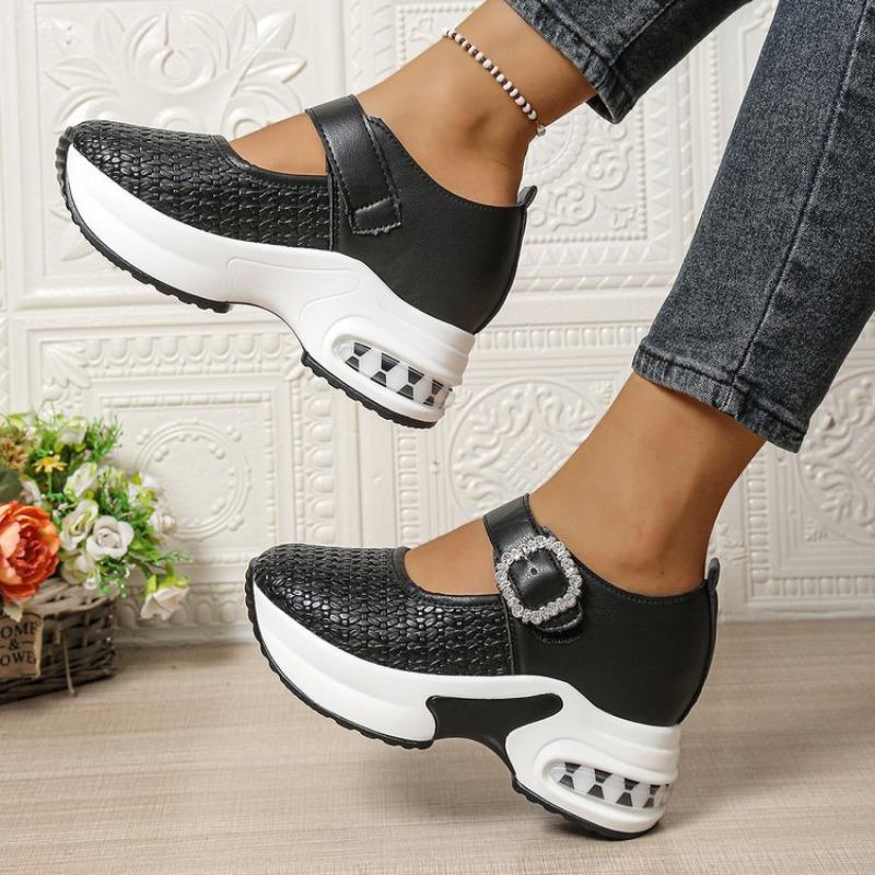 Damen Übergröße Plateau Strassbesatz Slipper Herbst Neu Europäisch Amerikanischer Stil Ein Riemen Schnalle Keilschuhe