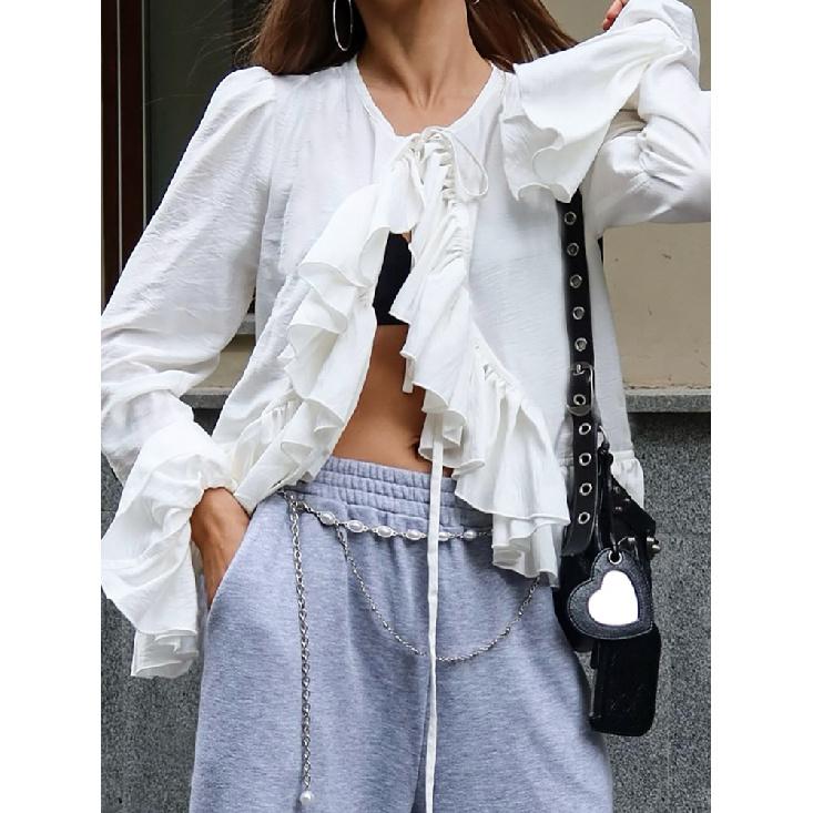 Solid Lace Up Design Shirts For Women V Neck Long Sleeve Patchwork Irregular Ruffled Short Blouse Female Fashion