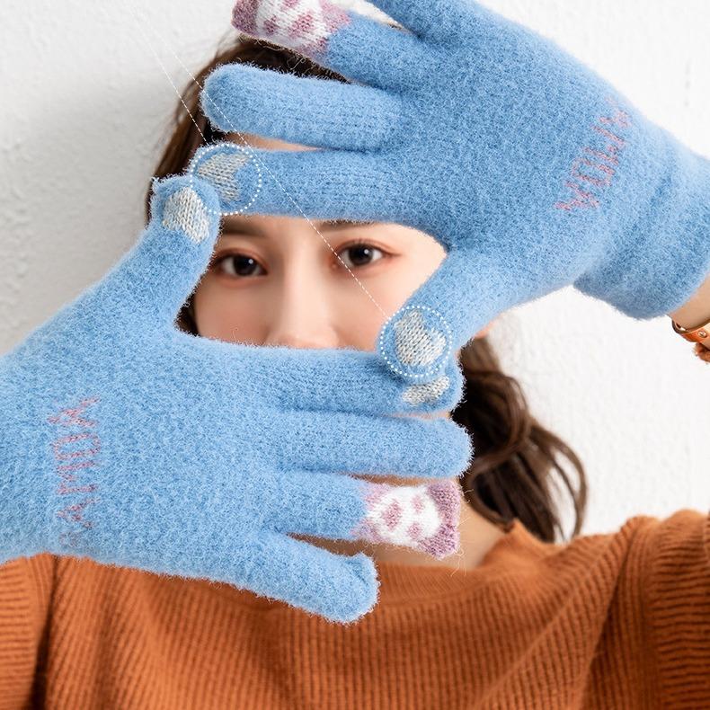 Jacquard Imitation Mink Fingertip Bear Touch Screen Fashion Warm Winter Gloves Cartoon Cute Split Finger Touch Screen Hand