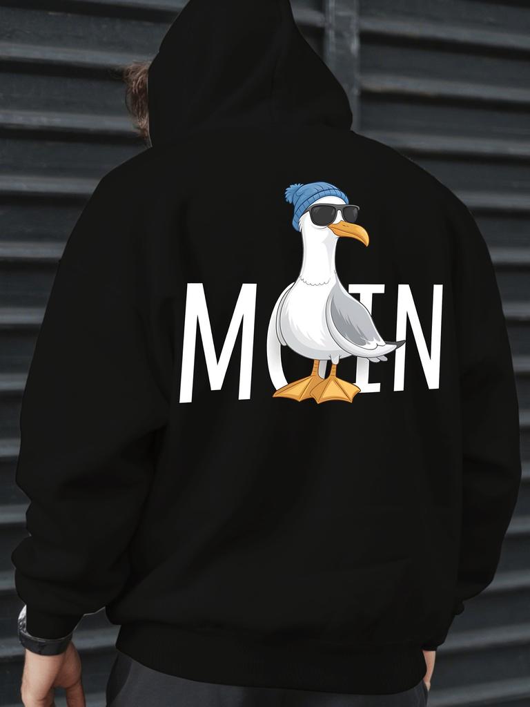 Nordic Greeting MOIN Cartoon Seagull Graphic Men Hip Hop Sports Hoodie Soft Loose Leisure Athletic Top