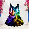 Women Plus Size Faux Fur Trim V Neck Long Sleeve Belted Abstract Print A Line Midi Dress