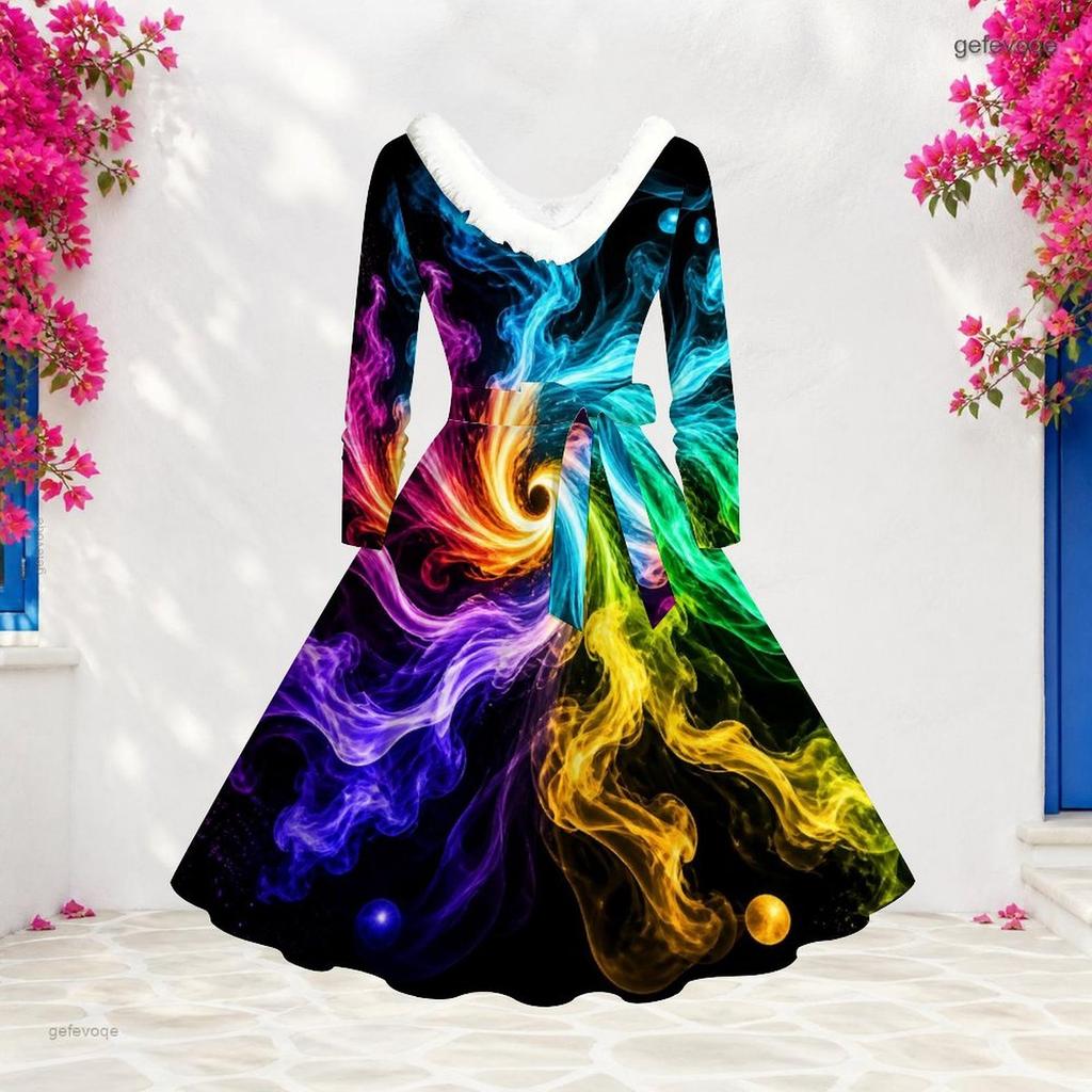 Women Plus Size Faux Fur Trim V Neck Long Sleeve Belted Abstract Print A Line Midi Dress