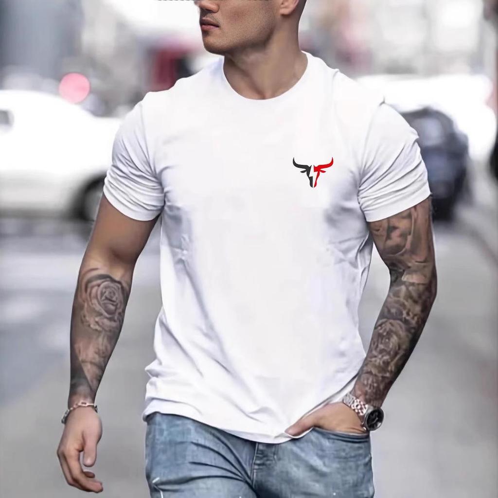 Men's Loose Fit Bull Print Cotton T-Shirt, Short Sleeve, Round Neck