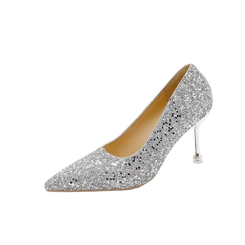 Fashion Elegant Woman Heeled Shoes Classics Bling Pointed Toe Women's Pumps Slip on Thin Heels Versatile Party Dress Wedding High Heels