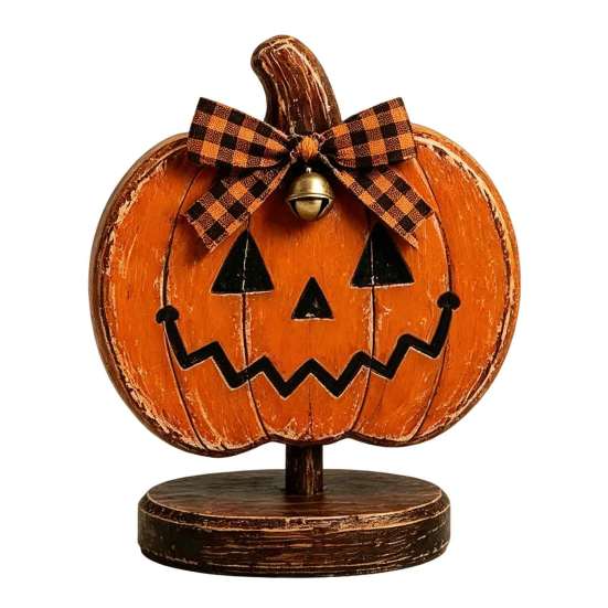Autumn Atmosphere Interior Accents Halloween Wooden Tabletop Decor, Vintage Pumpkin Ghost Bat Figurines, Rustic Farmhouse Fall Party Indoor