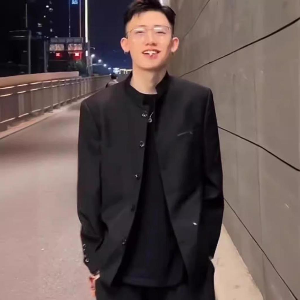 Men's Business Casual Stand Collar Solid Color Tang Suit Jacket