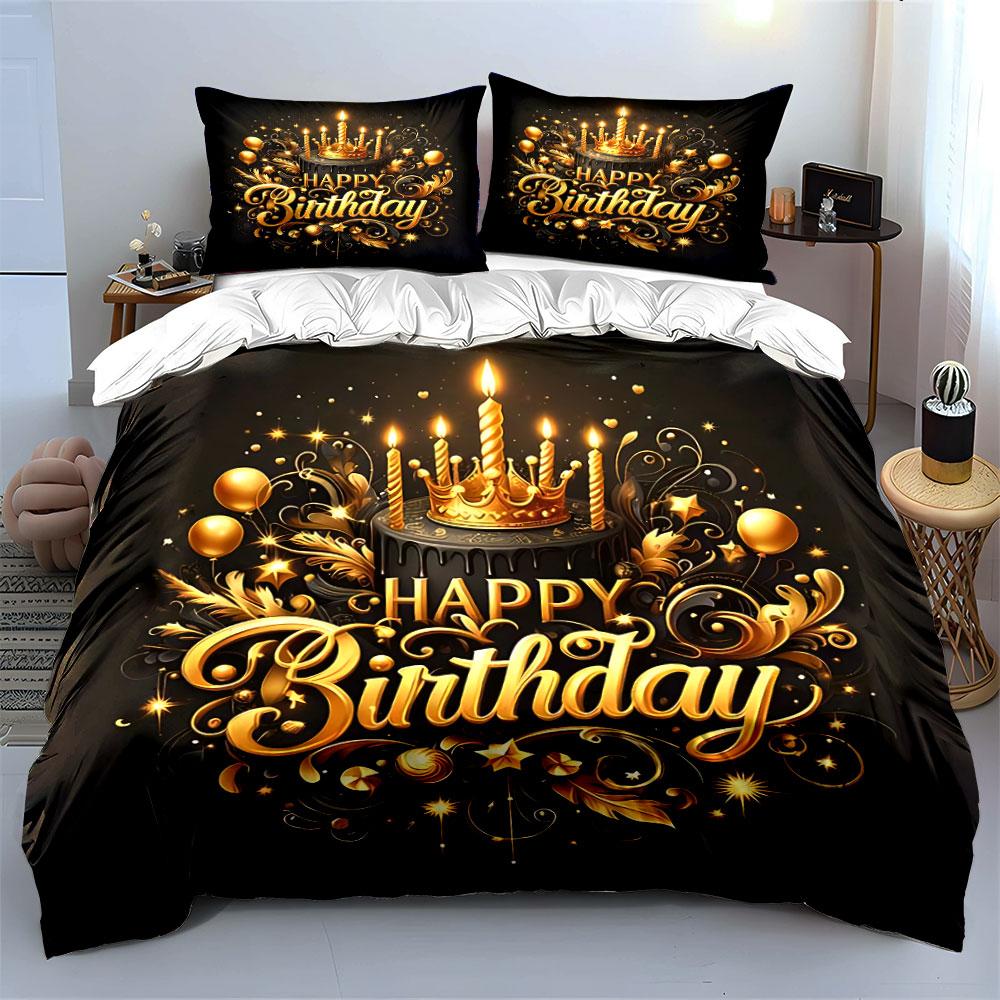 Golden Happy Birthday Design Bedding Duvet Cover Set Duvet Cover Pillowcases  (1*Duvet Cover 2*Pillowcases, without duvet insert)