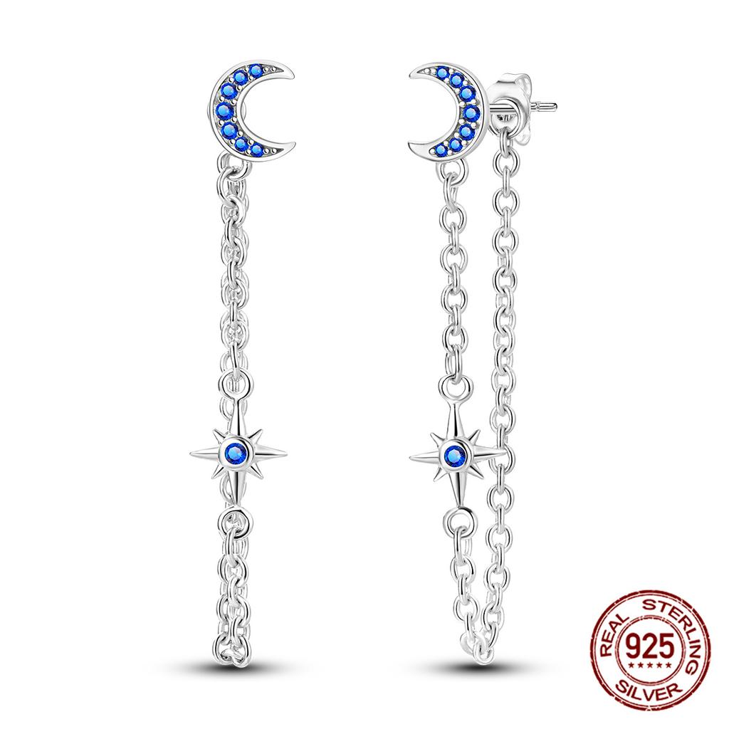 Original 100% 925 Silver Geometric Sun Moon And Stars Tassel Women's Earrings Party Anniversary Gift