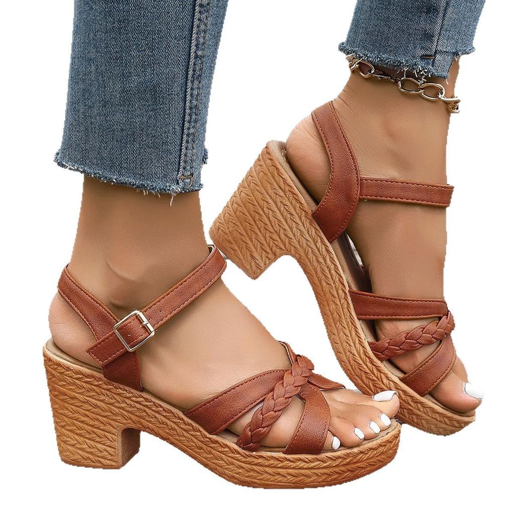 Round Head Thick Heel One-word Buckle Sandals Summer New Simple Strap High Heel Fashion Sandals