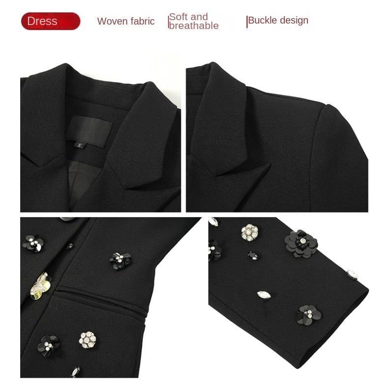 GMXIA Francuski Design Sukienka Garniturowa w Kolorze Czarnym Zdobiona Diamentami Kobieca Wyszczuplająca Temperament Profesjonalna Sukienka dla Niskiej Osoby